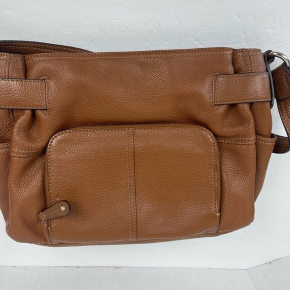 Tignanello brown leather shoulder bag with cinch belted top/multi-compartments - Picture 5 of 16